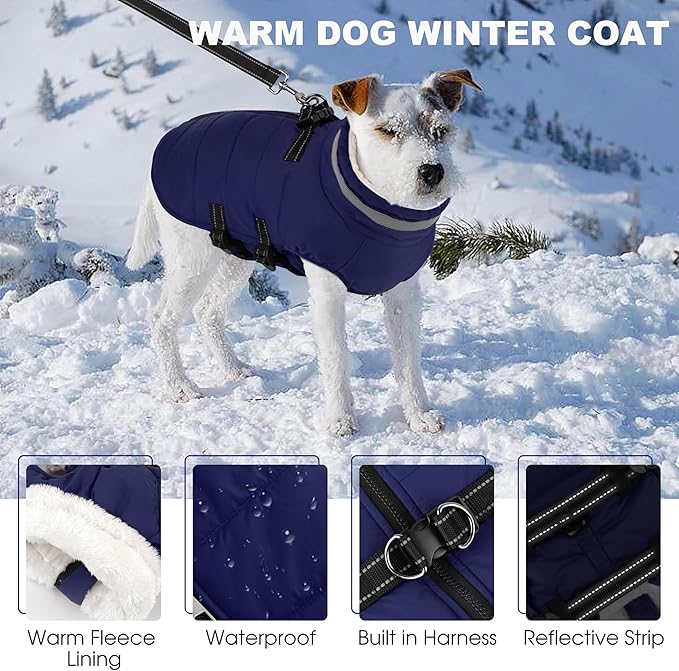 Medium Dog Coat with Harness Built-in, Waterproof Reflective Fleece Lined - Warm Windproof Winter Jacket with Back Zipper, Cold Weather Snow Dog Coats - Blue - M