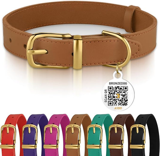 BronzeDog Leather Dog Collar Buckle Durable Pet Collars for Small Medium Large Dogs Puppy Cat Kitten Red Pink Purple Green Brown Black (19-21 Inch (Pack of 1), Light Brown)