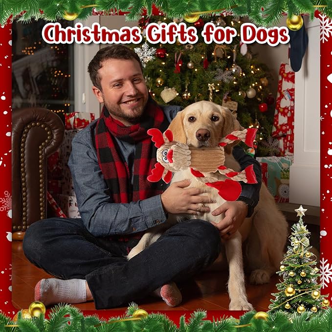 Christmas Dog Toys Tough Chew Toys for Large Dogs, Stuffed Reindeer Dog Toy with 5 Squeakers & Crinkle Paper, Squeaky Interactive Plush Toy to Keep Them Busy, Dog Gifts for Small Medium Large Dogs