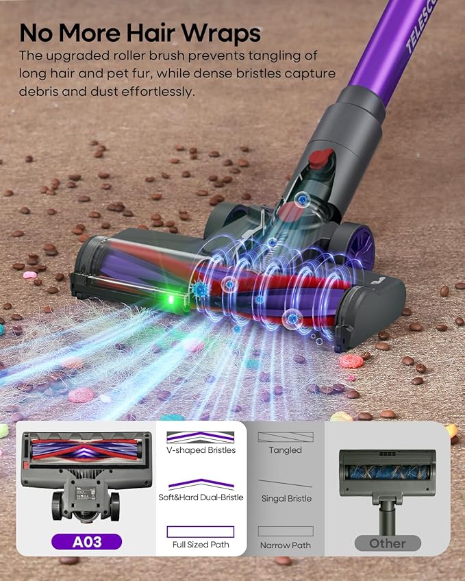 AlloyMove Cordless Vacuum Cleaner 45KPA, Up to 60mins Runtime Lightweight Powerful Suction Vacuum Cleaners for Home, 3 Suction Modes, Rechargeable Stick Vacuum for All Floor/Carpet/Pet Hair/Car, A03