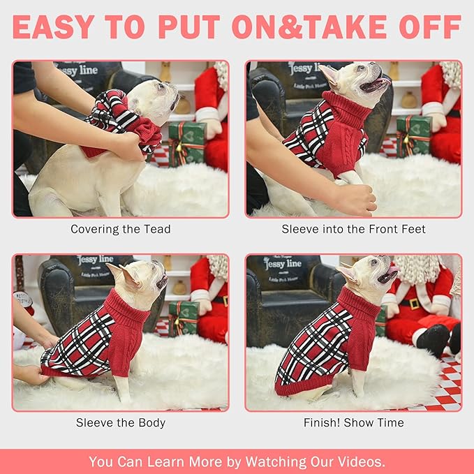 SCENEREAL Turtleneck Dog Sweater for Small Medium Large Dogs Girls Boys, Christmas Plaid Pullover Puppy Sweatershirt, Dogs Cold Weather Outfit Clothes, Ideal Gift for Pet in New Year, Pink Plaid XS