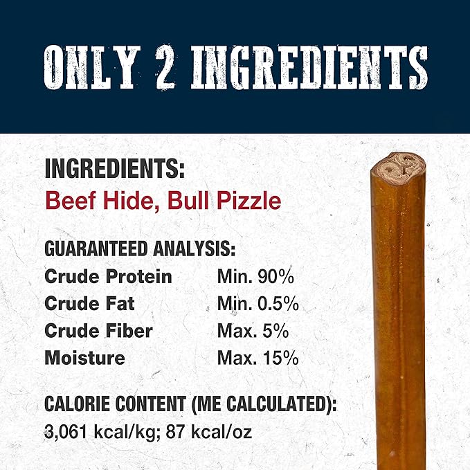 Cadet Bully Hide Sticks for Large Dogs – All-Natural Beef Pizzle, High Protein, Low Fat, Long-Lasting, Grain & Rawhide-Free Dog Chews for Aggressive Chewers, Large (8 Count)