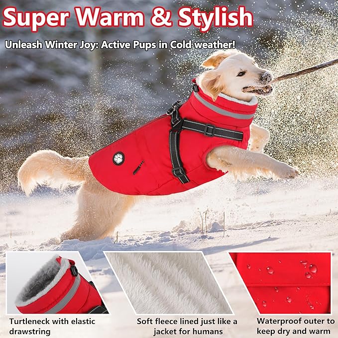 Dogcheer Dog Coat with Harness, Waterproof Dog Jacket, Christmas Puppy Winter Coat with Pocket, Reflective Doggy Turtleneck Puffer Vest for Small Medium Large Dogs - Red, XL
