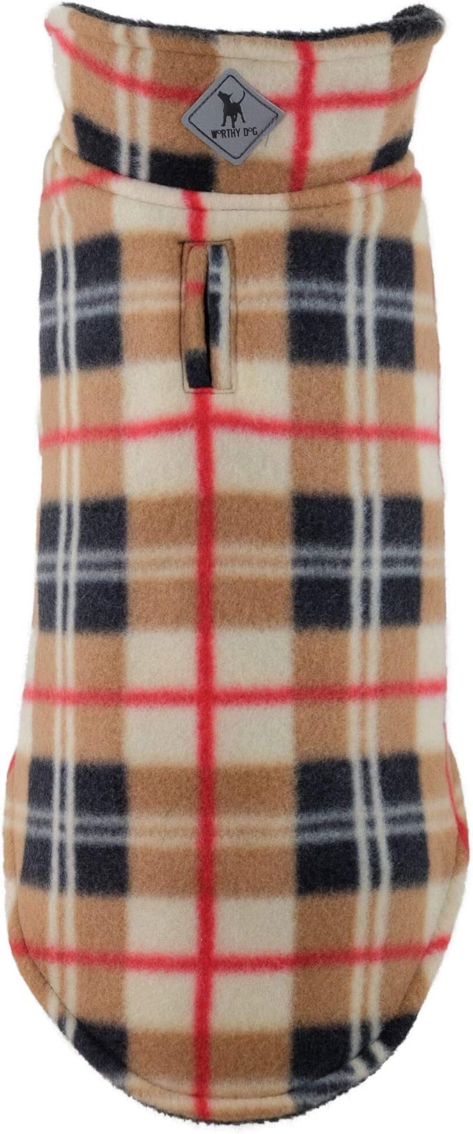The Worthy Dog Fargo Fleece Plaid Dog Jacket, Adjustable Reversible with Harness Hole, Wind-Resistant, Winter Outdoor Clothes for Pets, Tan - 28''