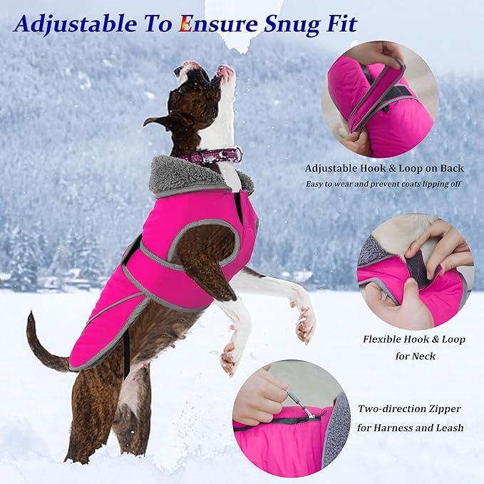 Dogcheer Dog Coat, Waterproof Dog Jacket Reflective Pet Winter Coat with Adjustable Hook & Loop, Christmas Puppy Fleece Jacket Warm Turtleneck Snowsuit for Small Medium Large Dogs - Pink, S