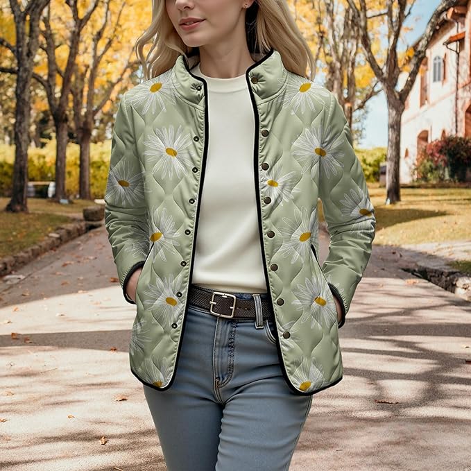 LIZALIG Women's Cropped Puffer Jacket Lightweight Floral Print Long Sleeve Padded Quilted Puffy Cardigan Coat