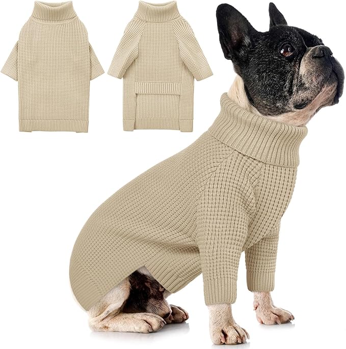 Queenmore Dog Sweaters for Medium Dogs Girl, Waffle Knit Dog Sweater with Long Sleeve, Doggie Kintsweaters, Cat Christmas Sweaters, Apricot M