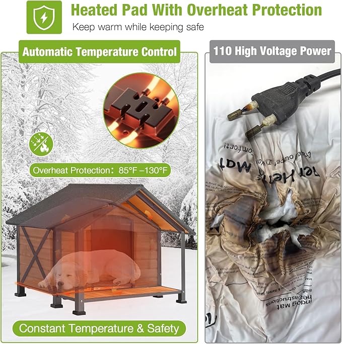GUTINNEEN Heated Dog House for Outside Insulated Dog House Outdoor Weatherproof with Safe Heated Pad, Chew-Proof Metal Frame and Insulated Liner for Medium to Large Dogs, 41.5" L x 41.4" W x 34.1" H