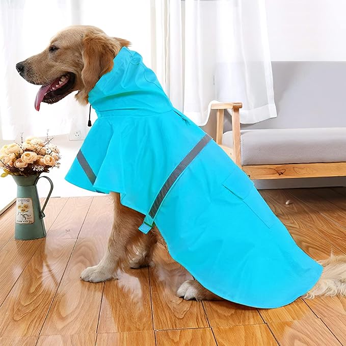 NACOCO Large Dog Raincoat Adjustable Pet Water Proof Clothes Lightweight Rain Jacket Poncho Hoodies with Strip Reflective (XL, Lake Blue)