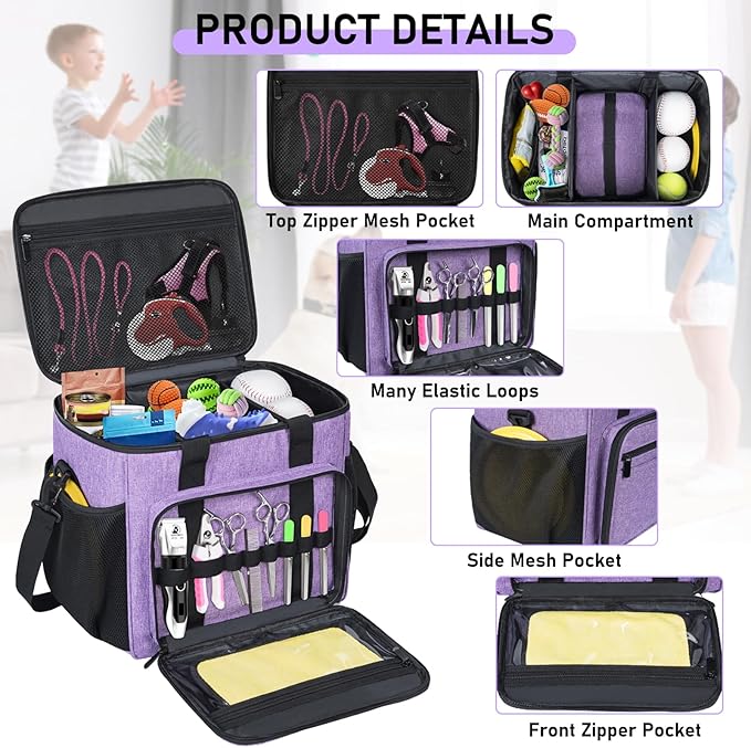 Pet Grooming Bag, GMAK Pet Grooming Tote Bags Supplies Organizer Case Dogs Cats Tool Organizer Tote for Pets Grooming Tools Kit, Clippers, Brush, Scissors or Other Pets Care Supplies, Purple(Bag Only)