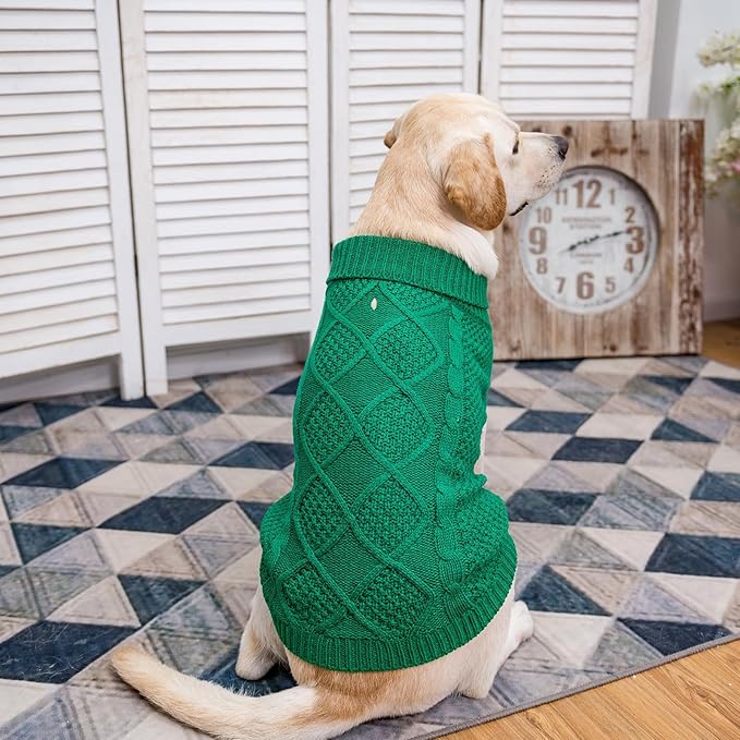 Mihachi Turtleneck Dog Sweater - Winter Coat Apparel Classic Cable Knit Clothes with Leash Hole for Cold Weather, Ideal Gift for Pet in New Year Green Medium/Large