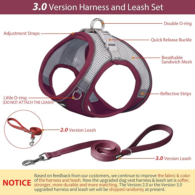 AIITLE No Pull Dog Harness and Leash Set, Step in Adjustable Dog Harness with Padded Vest for All Weather, Dog Leash with Soft Padded Handle, Easy to Put on Small and Medium Dogs Burgundy S