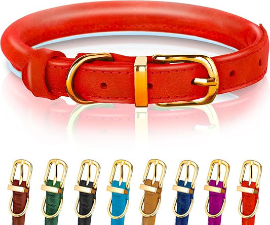 OOPSDOGGY Reflective Rolled Leather Dog Collar Adjustable Soft Padded Pet Collar for Small Medium Large Breed Dogs (Red, XS, 8"-11")