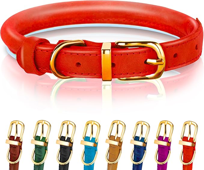 OOPSDOGGY Reflective Rolled Leather Dog Collar Adjustable Soft Padded Pet Collar for Small Medium Large Breed Dogs (Red, XXL, 20"-24")