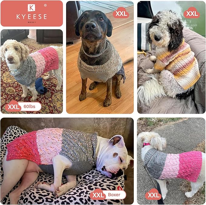 KYEESE Dog Sweater Color Block with Fuzzy Thread Knitted Turtleneck Dog Knitwear with dots in a Variety of Colors for Medium Dogs Fall Winter Dogs Clothes, Pink, XXL
