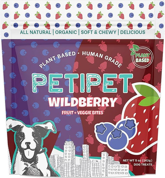 PETIPET Wildberry Plant-Based Fruit Dog Treats - Strawberry, Apple, Blueberry Soft & Chewy - Vegetarian, Vegan Dog Treats with Organic Ingredients - Low-Protein, Hypoallergenic, Gluten-Free