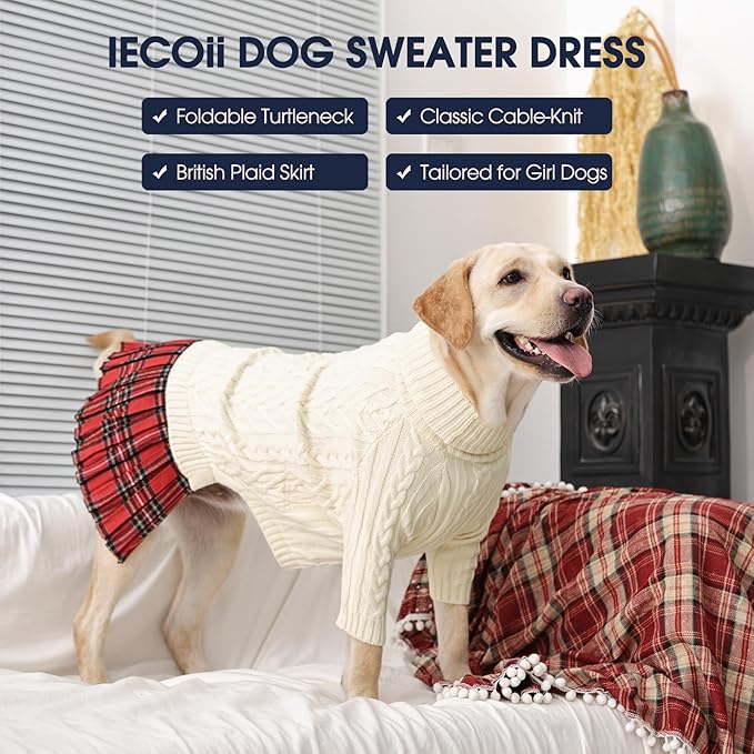IECOii Girl XXXL Dog Sweater Dress, Girl Dog Sweaters for Extra Large Dogs Turleneck, Beige,XXXLarge, Thermal Warm Knitwear with Leash Hole, Adorable Cable Knit Sweater for Christmas & Thanksgiving