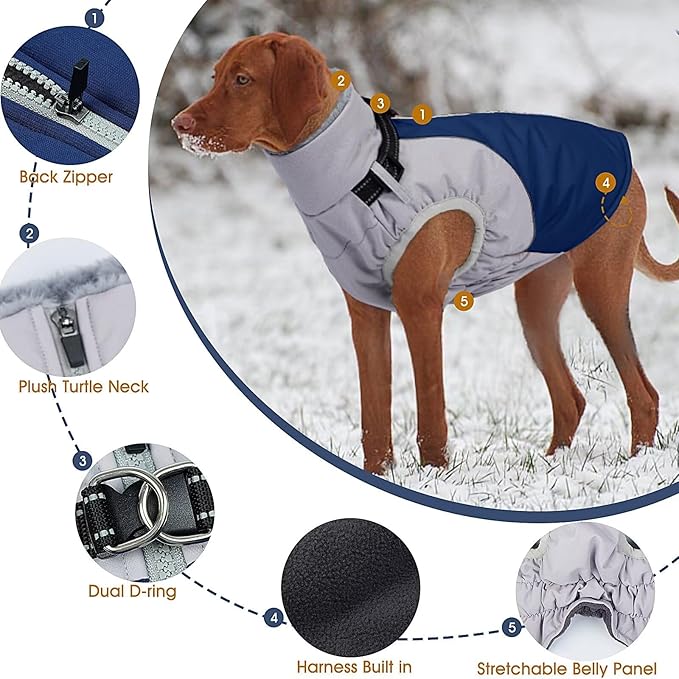 Reflective Dog Coat with Harness Built in,XL Soft Warm Dog Jacket for Cold Weather,Windproof Snowproof Pet Vest for Outdoor Walking Hiking,Adjustable Collar Easy On/Off,Blue,XL
