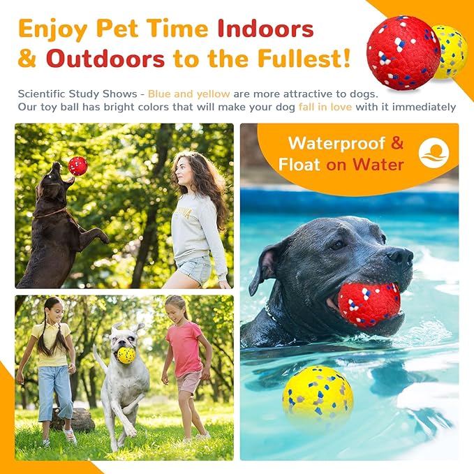 Petcare 2 Pack Dog Balls Toys for Aggressive Chewers Indestructible Tennis Balls for Medium Large Dogs Water Toy Chew Ball Tough Durable Big Dog Toys Bouncing Ball for Dogs to Fetch, Yellow+Red