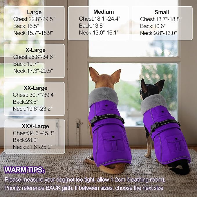 Dogcheer Dog Coat with Pocket, Waterproof Dog Jacket with Adjustable Buckle, Reflective Puppy Winter Coat Warm Turtleneck Fleece SnowJacket for Small Medium Large Dogs - Purple M