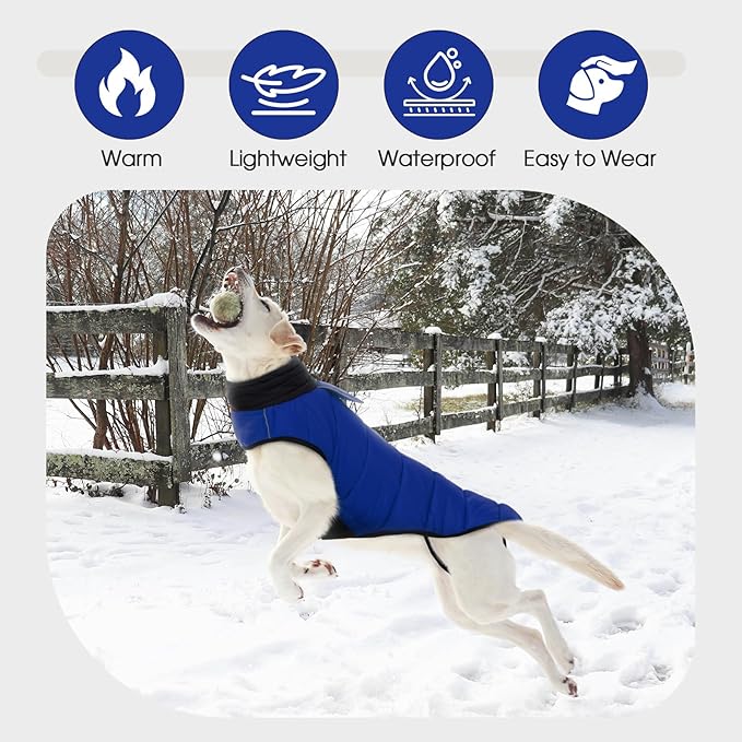 IDOMIK Dog Winter Coat, Warm Waterproof Dog Puffer Jacket with Harness Hole, Adjustable Reflective Snow Jacket Vest with Turtleneck, Pet Cold Weather Coats for Large Dogs,Blue,XL