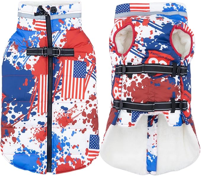 Medium Dog Coat with Harness Built-in, Waterproof Reflective Fleece Lined - Warm Windproof Winter Jacket with Back Zipper, Cold Weather Snow Dog Coats - American Flag - M