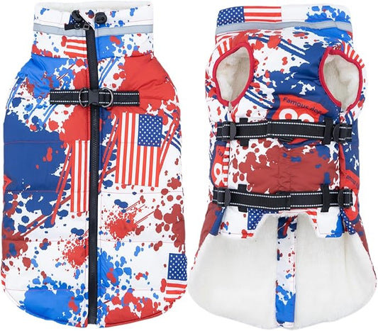 Large Dog Coat with Harness Built-in, Waterproof Reflective Fleece Lined - Warm Windproof Winter Jacket with Back Zipper, Cold Weather Snow Dog Coats - American Flag - 2XL