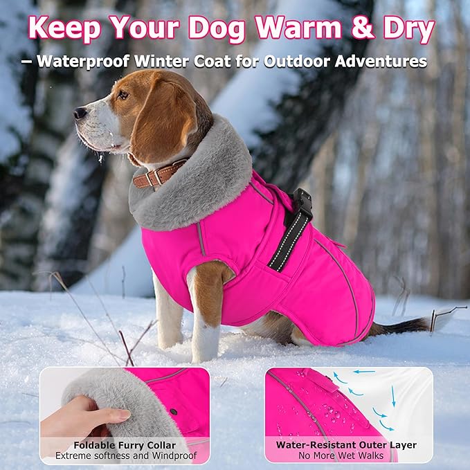 Dogcheer Dog Coat with Pocket, Waterproof Dog Jacket with Adjustable Buckle, Reflective Puppy Winter Coat Warm Turtleneck Fleece SnowJacket for Small Medium Large Dogs - Pink L
