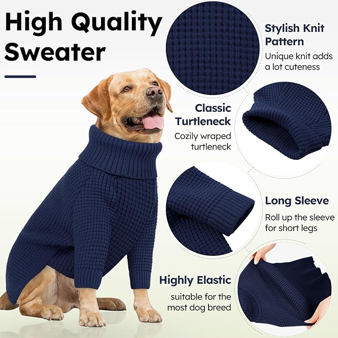 Queenmore Dog Sweater for Large Breeds, Dog Christmas Sweater, Turtleneck Knitted Pullover Doggie Clothes Sweatshirt, Long Sleeve Warm Pet Sweaters, XL Dog Sweater, Navy Blue XL