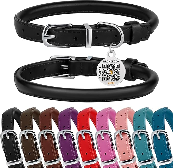 BRONZEDOG Rolled Leather Dog Collar for Small Medium Large Dogs with QR ID Tag (XS: 9-11 Inch, Glossy Black)