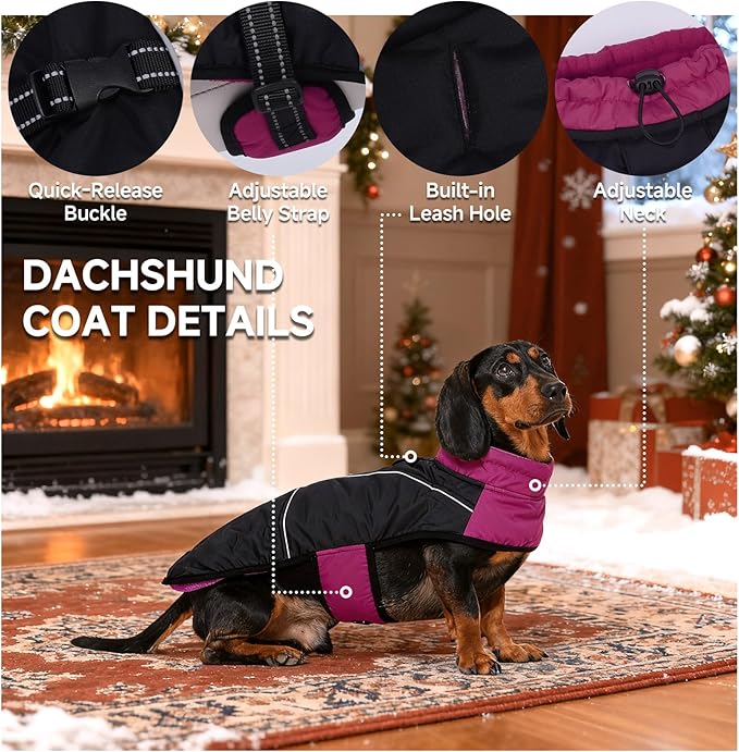 DORA BRIDAL Dachshund Coat, Fleece Lined Dog Winter Coat, Warm Dog Coats with Reflective Strips, Adjustable Waterproof Pet Jacket Clothes, L