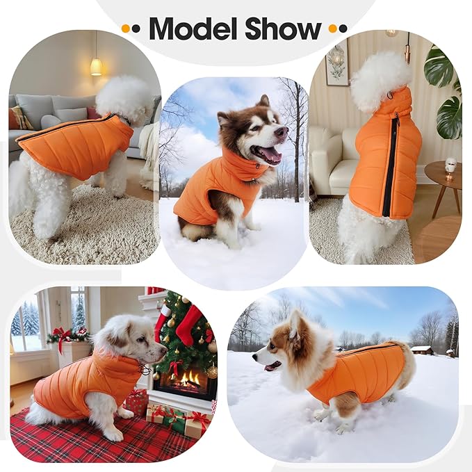 Dog Puffer Vest for Large Dogs, Dog Winter Coats with Back Zipper, Outdoor Warm Dogs Snow Jacket Camping Jacket with Detachable Neck, Doberman, Great Dane, Orange 3XL