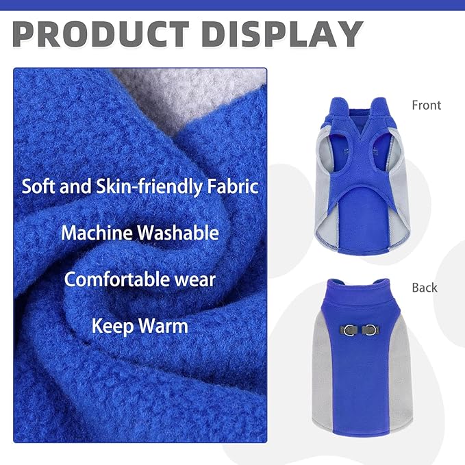 KOOLTAIL Small Dog Sweater - Dog Fleece Vest Jacket with Leash D-Ring for Small Medium Dogs, Soft Pullover Winter Warm Cold Weather Coats, Pet Fall Clothes Outfit for Puppy Cat Boys&Girls, Blue M