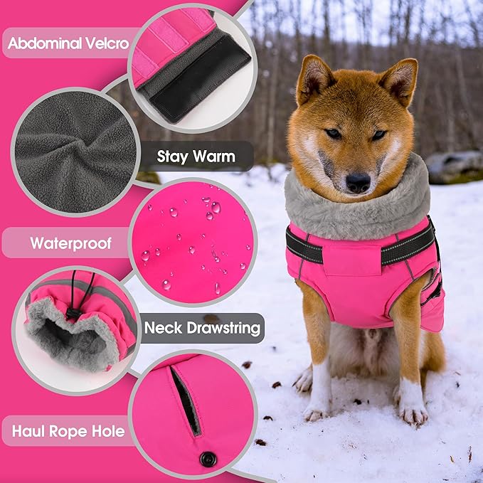 PETDSH Dog Coat Medium, Built-in Harness Dog Jacket with Warm Fleece Lining, Waterproof Reflective Dogs Winter Coat, Pet Coats with Pocket and Trash Bags (Pink, Medium)