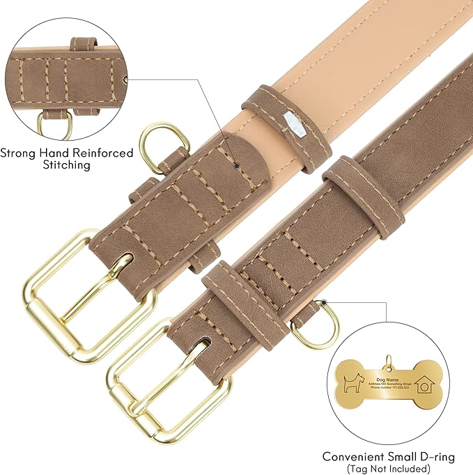 Leather Dog Collar for Small Medium Large Dogs, Soft Padded Dog Leather Collar with Heavy Duty Gold Buckle, Durable & Comfortable for Large Dogs Daily Walking (Light Brown, L)
