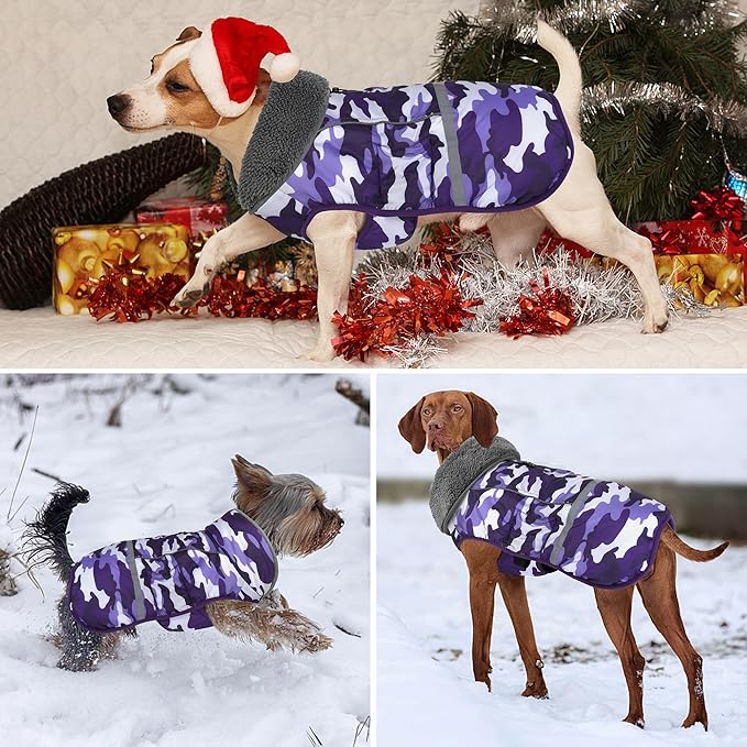 Dogcheer Warm Dog Coat, Waterproof Dog Jacket Christmas Puppy Winter Coat with Buckle, Reflective Adjustable Pet Snow Jacket Turtleneck Fleece Sweater for Small Medium Large Dogs - Camo Purple, M