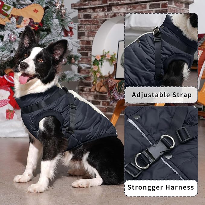 Dog Jacket with Harness,Fleece Lined Warm Puppy Coat for Winter,Soft Windproof Large Dog Vest,Black XXXL