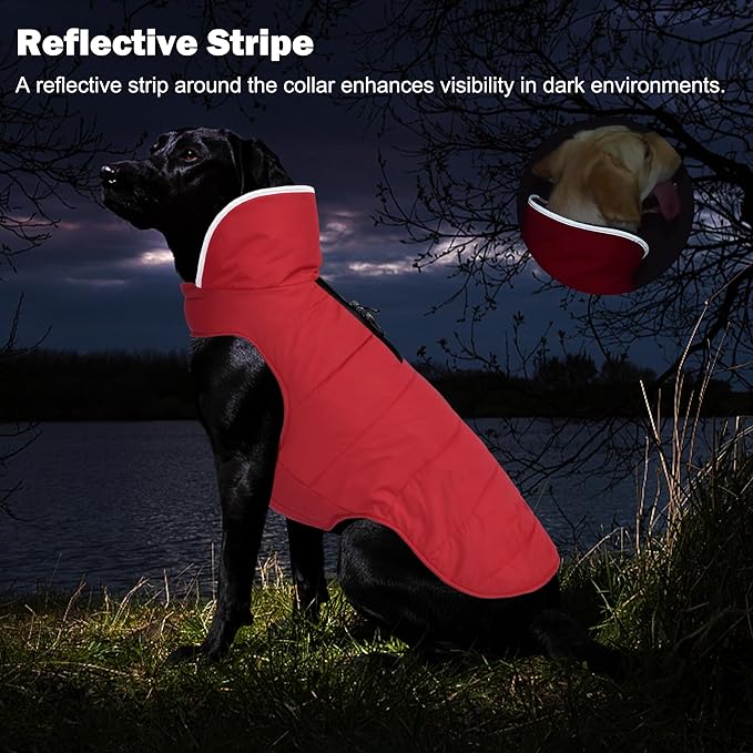 Dog Winter Coat, Waterproof Dog Jacket with Leash Hole, Reflective Adjustable Pet Snow Vest, Warm Fleece Sweater for Small Medium Large Dogs - Red, 2XL