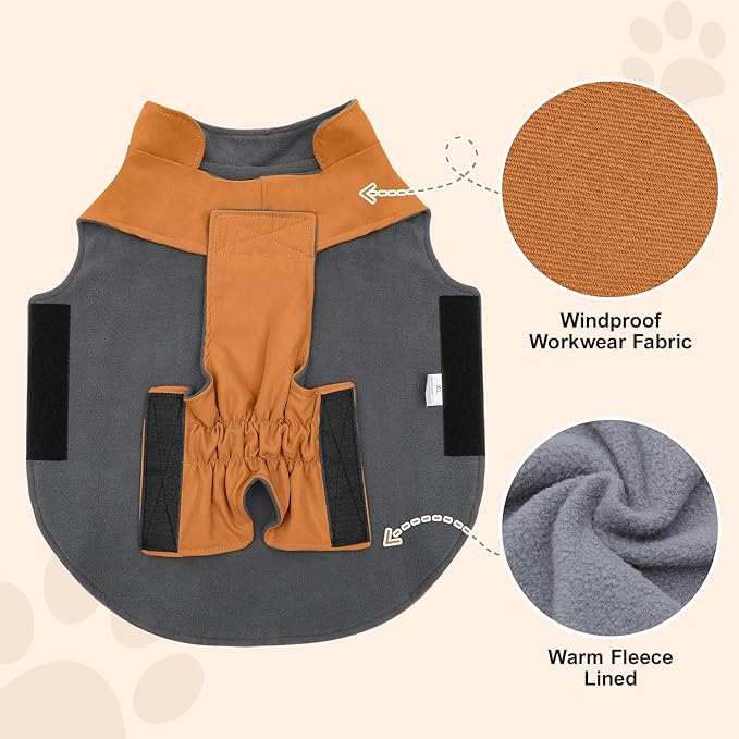 Workwear Style Dog Coats with Harness Built in for Small Dogs Windproof Warm Puppy Jacket with Storage Pockets for Cold Winter,BrightBeige XXL