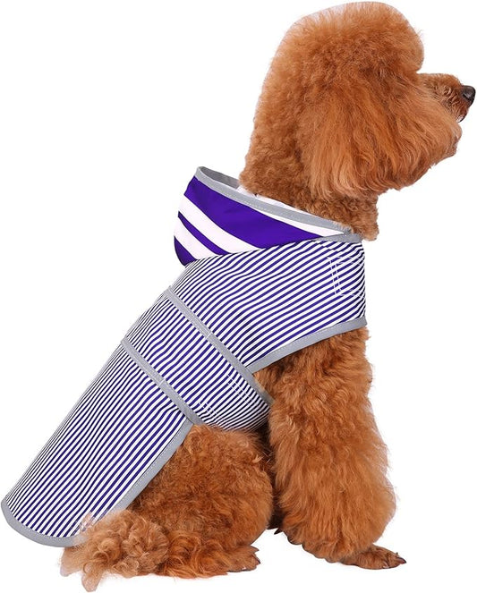 Dog Raincoat for Medium Dogs Puppies Waterproof Hooded Rain Jacket with Reflective Strips Leash Hole & Poncho Adjustable Fit (Bluestripe,M)