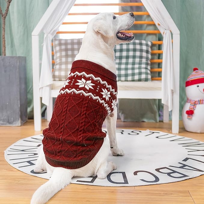 Warm Winter Pink Dog Sweater - Cold Weather Pet Clothes for Small Medium Large Dogs Indoor Outdoor, Soft Classic Knit Puppy Apparel Coat, Dark Red, L