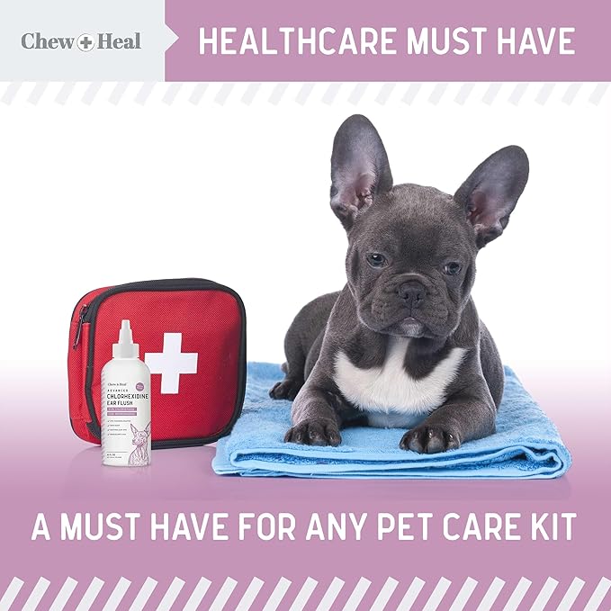 Chew + Heal Labs Dog Ear Cleaner - OTIC Medicated Dog Ear Buildup Drops for Dirt and Wax - 4 oz Advanced Flush with Chlorohexidine and Ketoconazole - Made in The USA