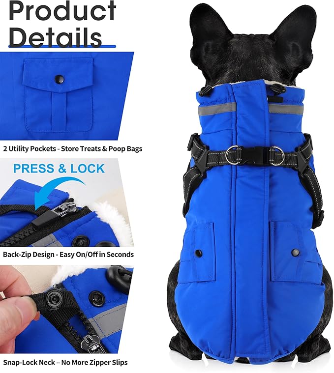 Dogcheer Dog Coat with Harness, Waterproof Warm Dog Winter Jacket with Pockets, Reflective Pet Fleece Jacket Turtleneck Snowsuit for Small Medium Large Dogs - Blue, L