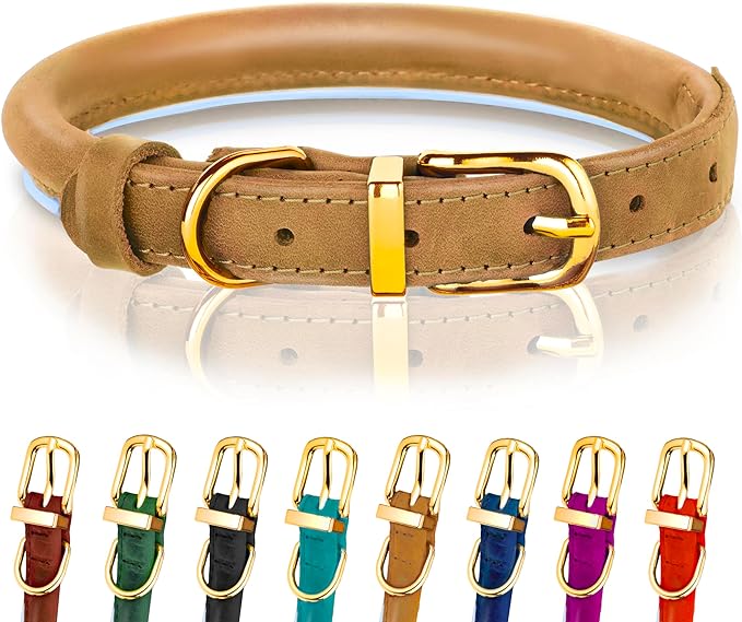 OOPSDOGGY Reflective Rolled Leather Dog Collar Adjustable Soft Padded Pet Collar for Small Medium Large Breed Dogs (Camel, XL, 17"-21")