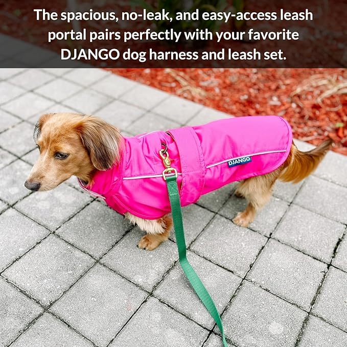 DJANGO Dog Jacket & Raincoat – Lightweight Water-Resistant Coat for Small, Medium & Long Dogs Like Dachshunds – Reflective, Adjustable Fit, Harness-Compatible & Easy-Access Harness Hole - Pink, Medium