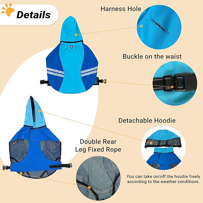 Dog Raincoat for Medium Large Extra Large Dogs, Waterproof Rain Jacket with Reflective Strap, Lightweight Hoodies Full-Body Coverage Dry Clothes (XL, Blue)