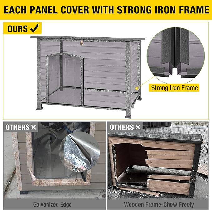 Aivituvin Dog House with Insulated Liner, Outdoor Indoor Weatherproof Dog House for Winter, Suitable for Small & Medium & Large Dogs with Unique All-Around Iron Frame(Grey)
