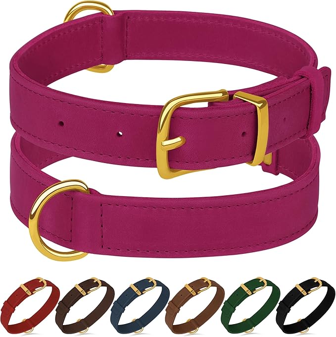 Leather Dog Collar - Heavy Duty Adjustable Soft Padded Pet Collars for Small Medium Large Dogs Breed - Black Green Brown Pink Red Blue (Pink, S, 9"-12" Neck Fit)
