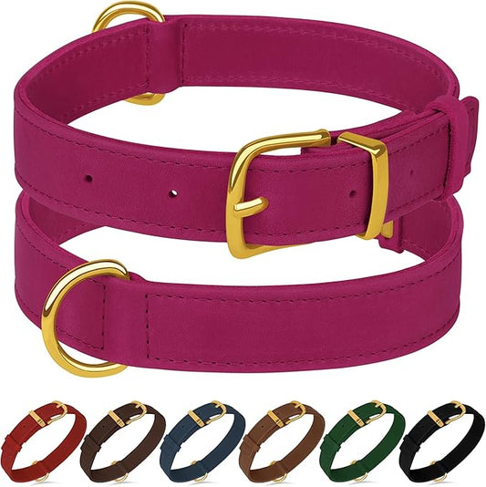 Leather Dog Collar - Heavy Duty Adjustable Soft Padded Pet Collars for Small Medium Large Dogs Breed - Black Green Brown Pink Red Blue (Pink, L, 15"-19" Neck Fit)