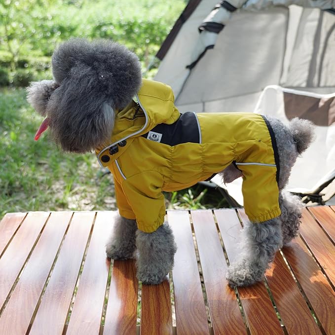 LOVELONGLONG Waterproof Dog Raincoat with Removable Hood – Outdoor Full Body Dog Jacket, Windproof Snowproof Shell Suit – All Season Pet Rain Gear Mustard Yellow XXL